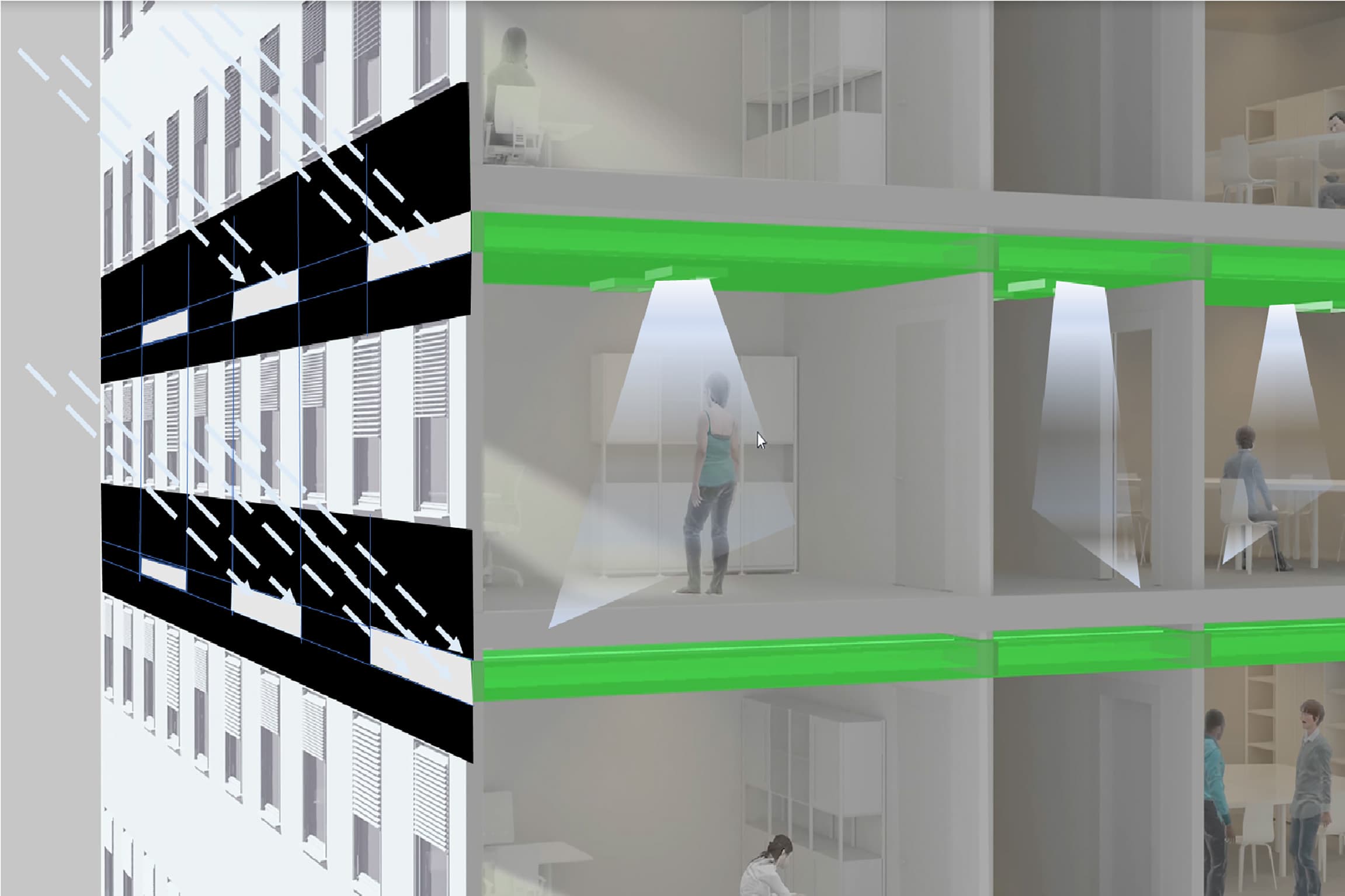 Das Tageslichtsystem basiert auf dem Prinzip der Lichtlenkung und besteht aus drei Komponenten: einer Folie, einem Lichtschacht und Leuchtkörpern. / The daylight management system is based on the principle of light guidance and comprises three components