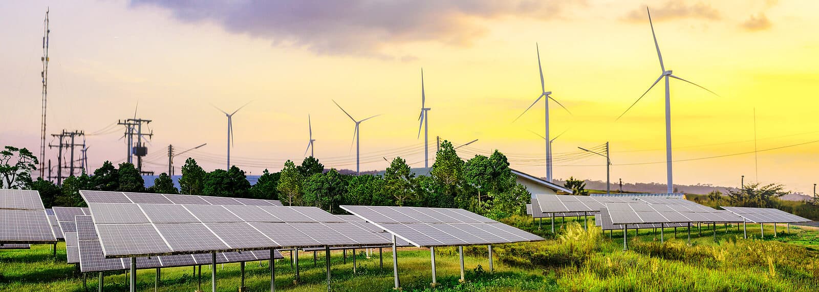 Solar Panels, Photovoltaics, And Wind Turbines In Rural Area- Al