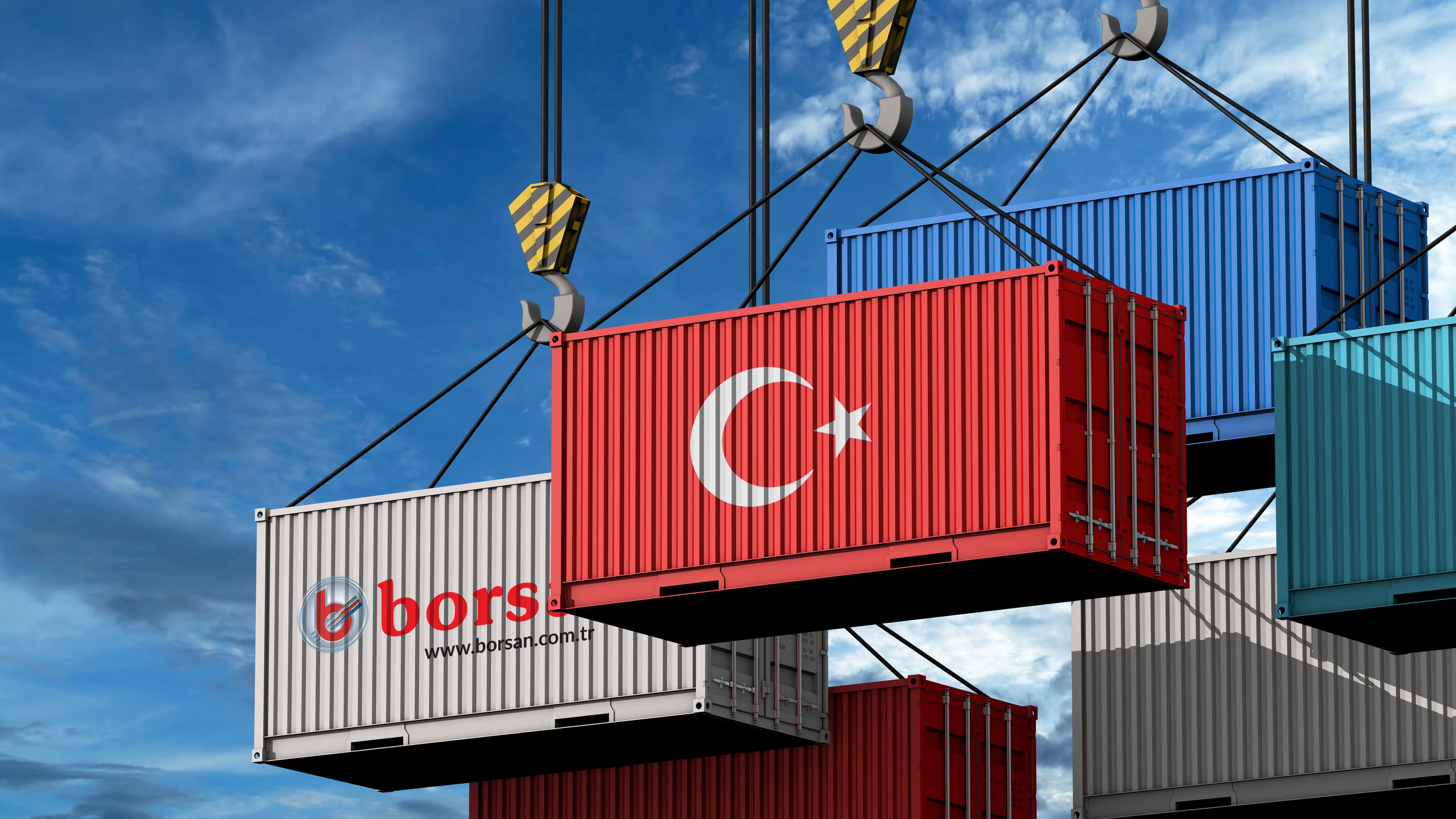 Crane hook with a cargo container for text, 3d render