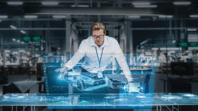 Confident Engineer Working on a New Electric Car with Use of Augmented Reality Hologram in an Office at Car Assembly Plant. Industrial Specialist Working in Technological Vehicle Development Facility.