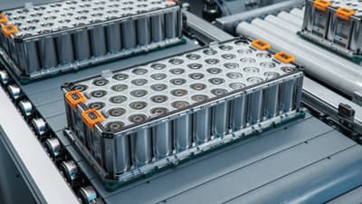 Lithium-ion High-voltage Battery Component for Electric Vehicle or Hybrid Car. Battery Module for Automotive Industry on Production Line. High Capacity Battery on Conveyor.