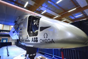 The Solar Impulse 2 on display in Payerne, Switzerland, 9 April 2014